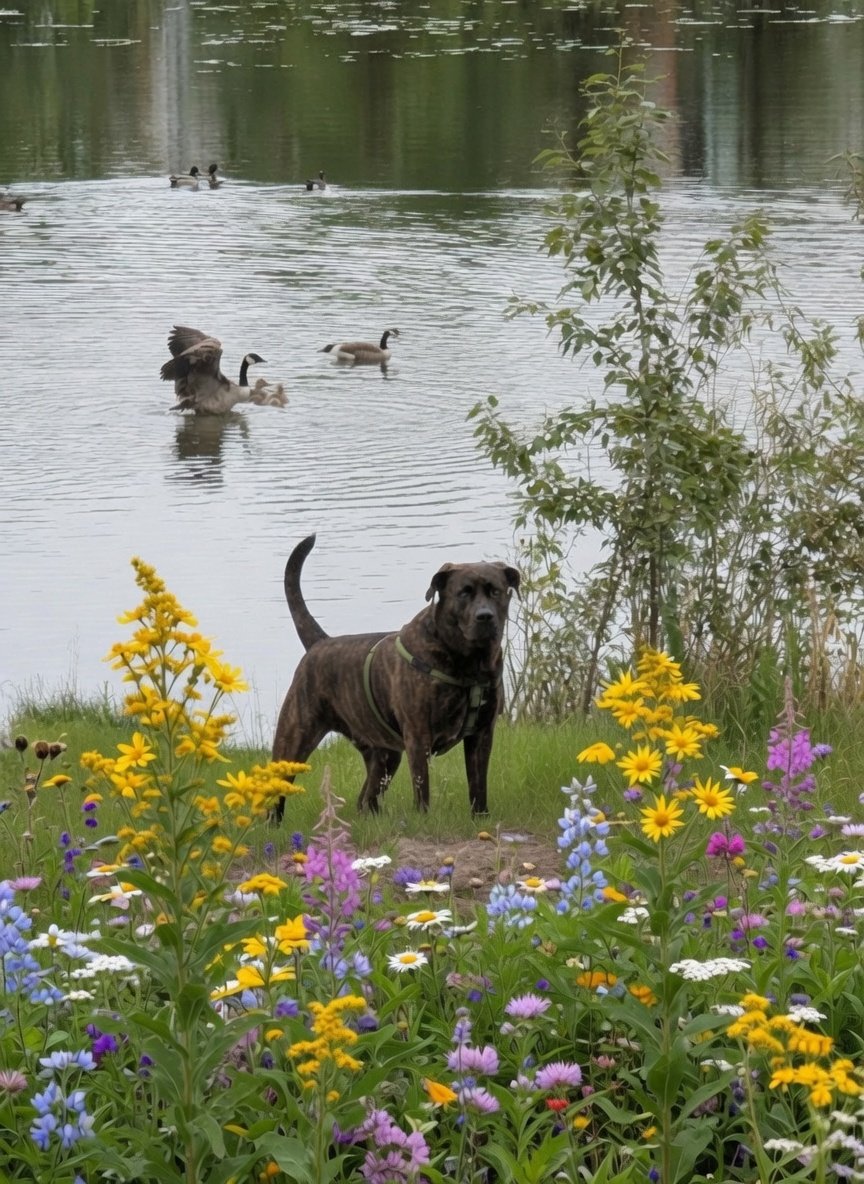 Buddy — rescue dog from Slave Lake, with Alberta wildflowers